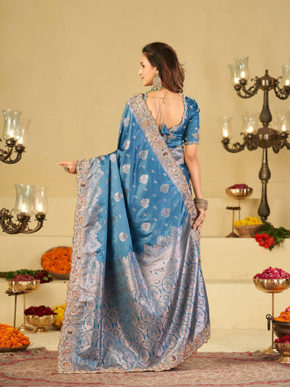 Royal Blue Banarasi Silk Saree with Heavy Embroidered Scallop Border & Rich Zari Woven Pallu | Designer Wedding Festive Saree