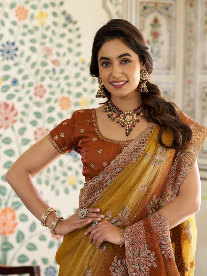 Dual Tone Mustard Yellow & Rust Fendy Satin Embroidered Saree with Floral Motifs & Zari Border | Designer Festive Saree with Tassels & Heavy Embroidered Blouse