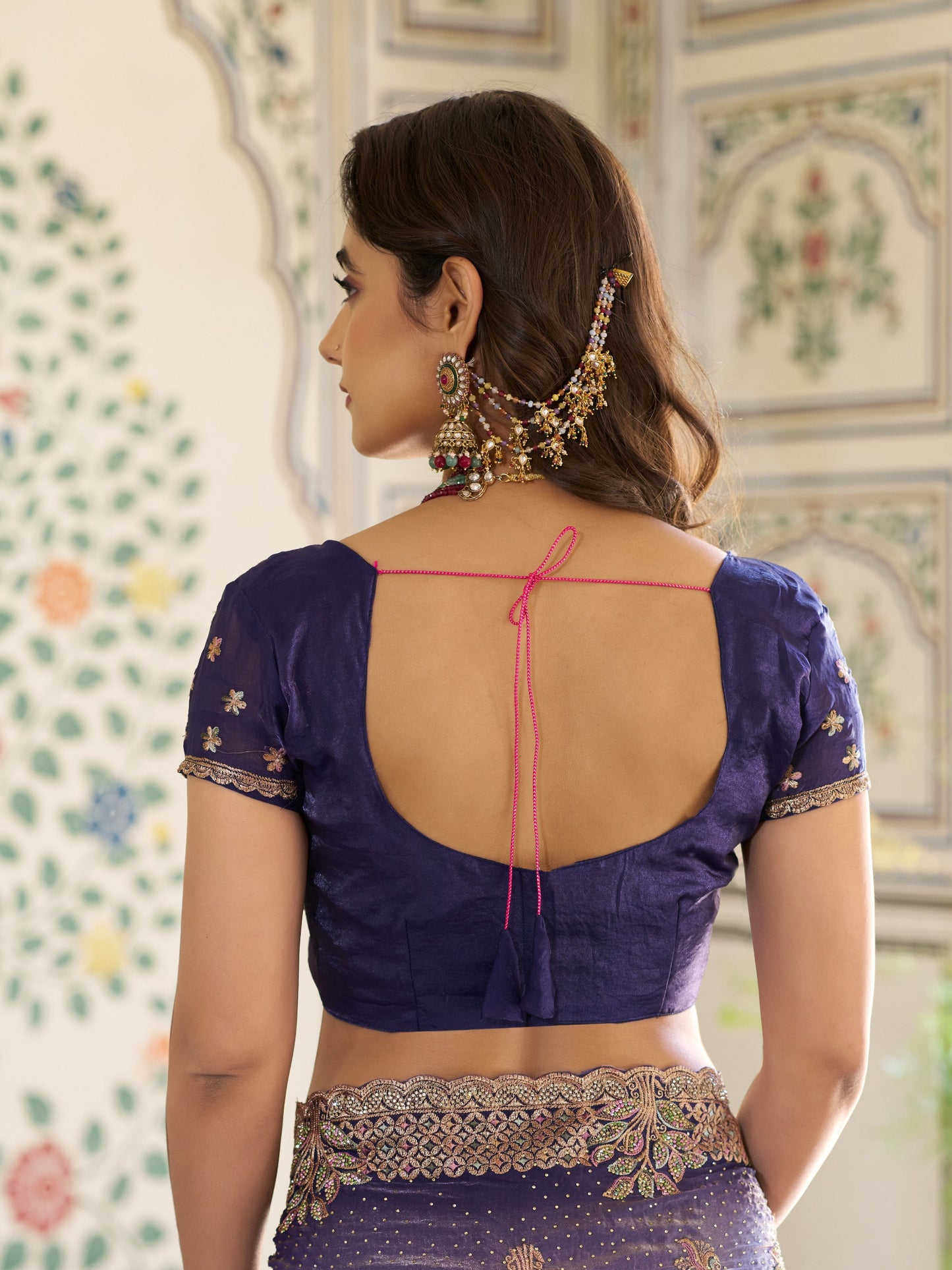 Royal Purple Fendy Satin Embroidered Saree with Floral Motifs & Zari Border | Designer Party Wear Saree with Tassels & Heavy Embroidered Blouse