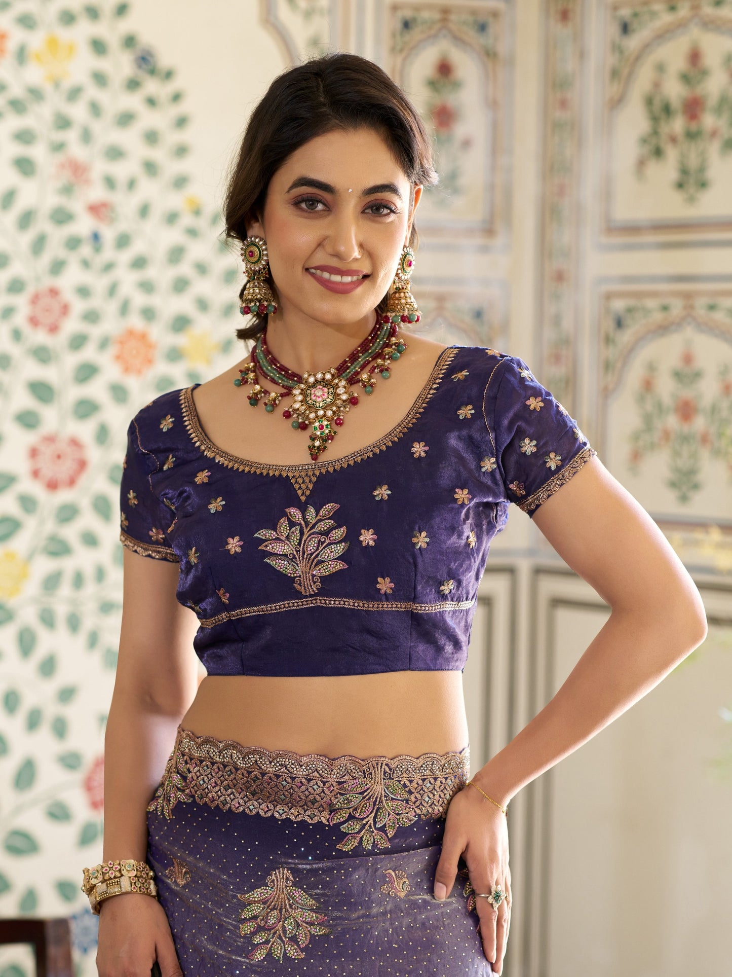 Royal Purple Fendy Satin Embroidered Saree with Floral Motifs & Zari Border | Designer Party Wear Saree with Tassels & Heavy Embroidered Blouse