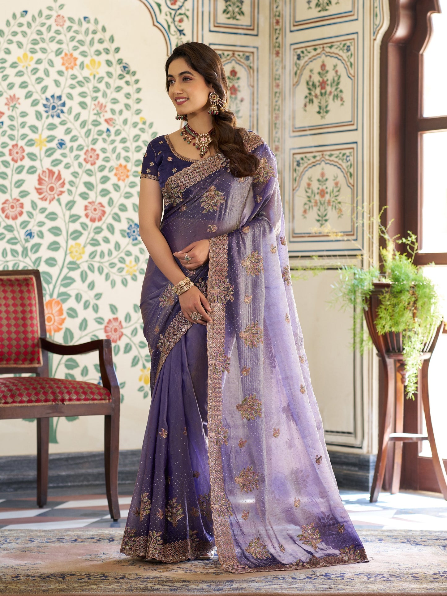 Royal Purple Fendy Satin Embroidered Saree with Floral Motifs & Zari Border | Designer Party Wear Saree with Tassels & Heavy Embroidered Blouse
