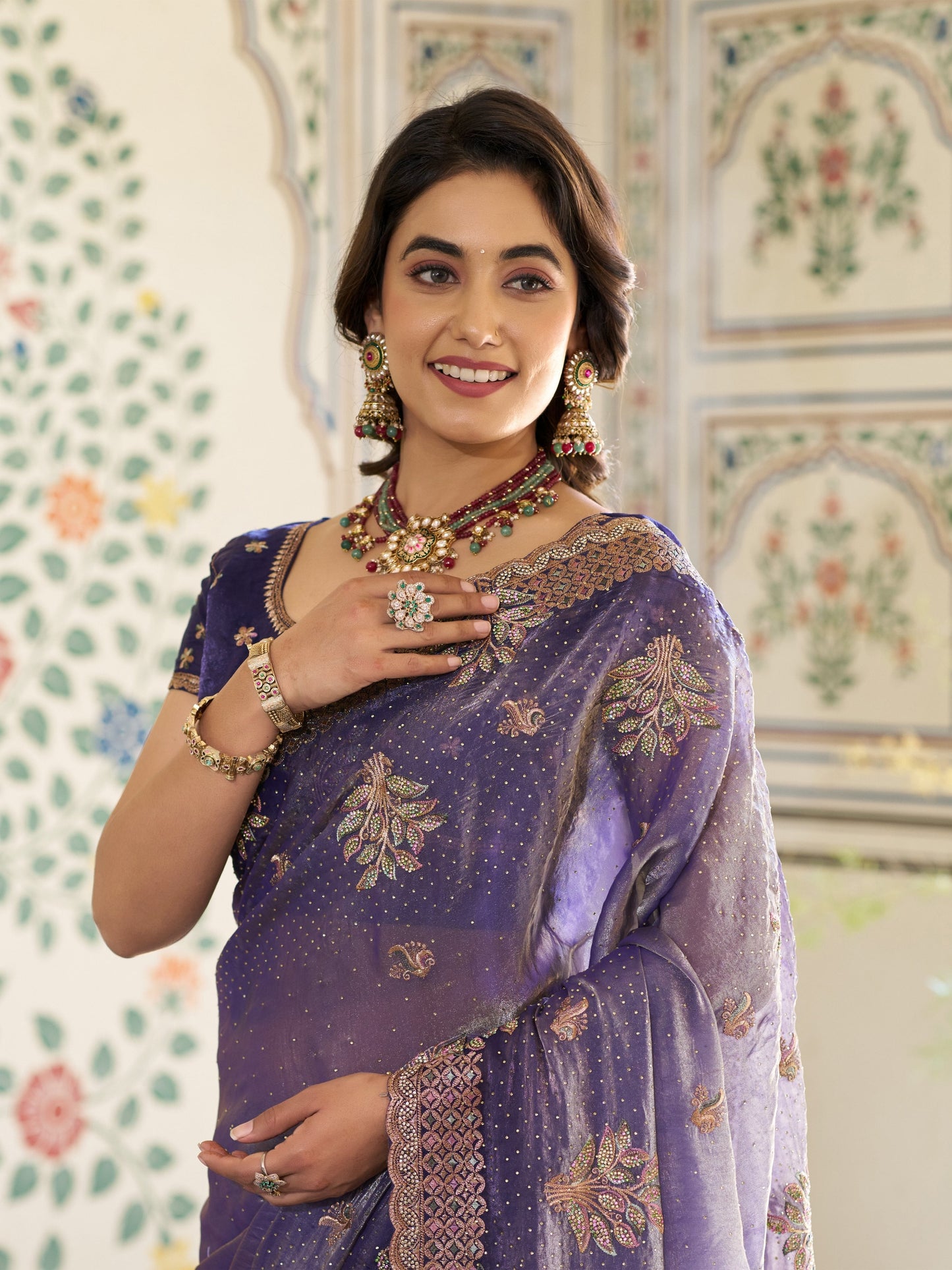 Royal Purple Fendy Satin Embroidered Saree with Floral Motifs & Zari Border | Designer Party Wear Saree with Tassels & Heavy Embroidered Blouse