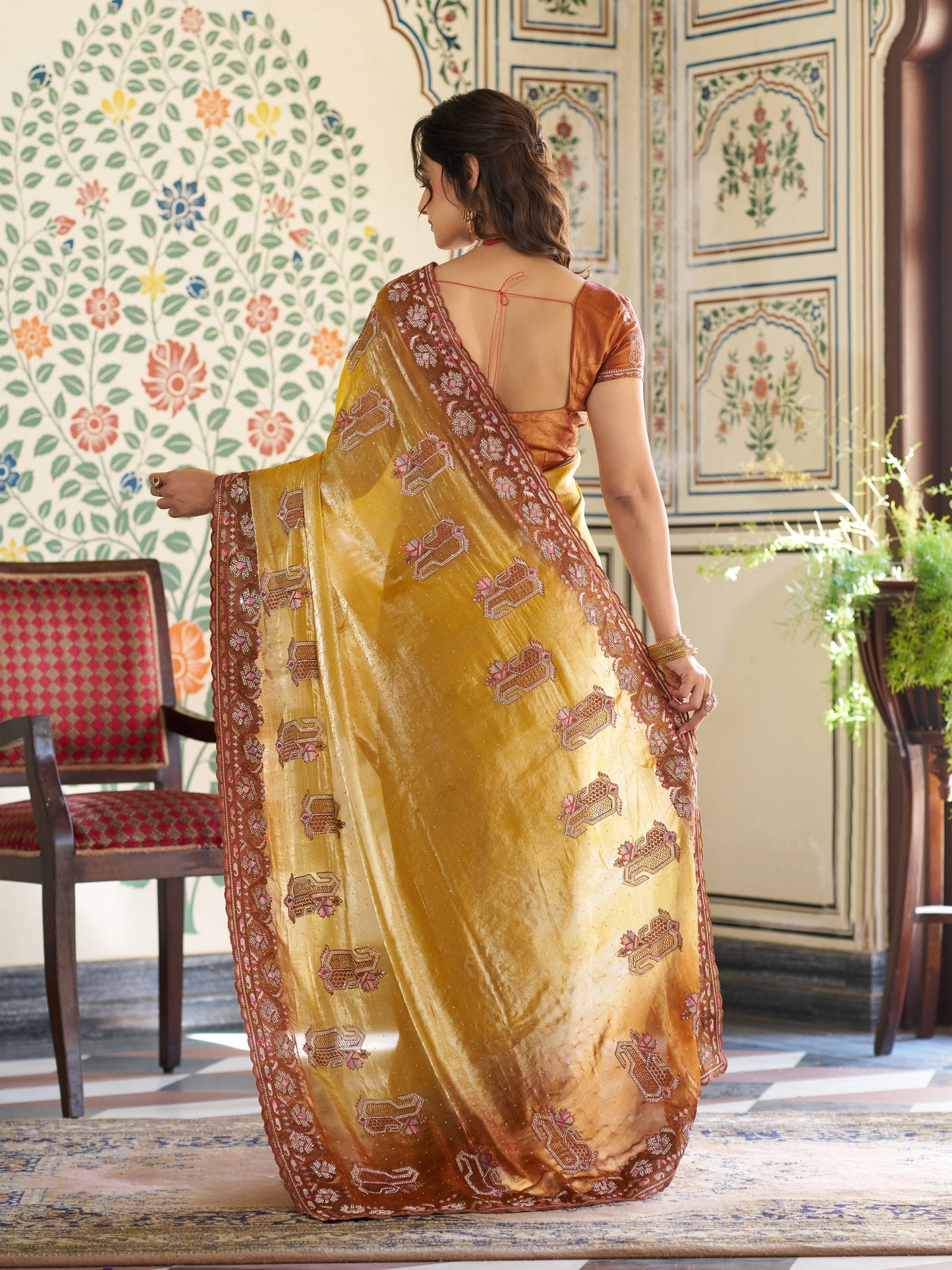 Mustard Yellow Fendy Satin Embroidered Saree with Ethnic Elephant Motifs & Contrast Zari Border | Designer Saree with Tassels & Heavy Embroidered Blouse