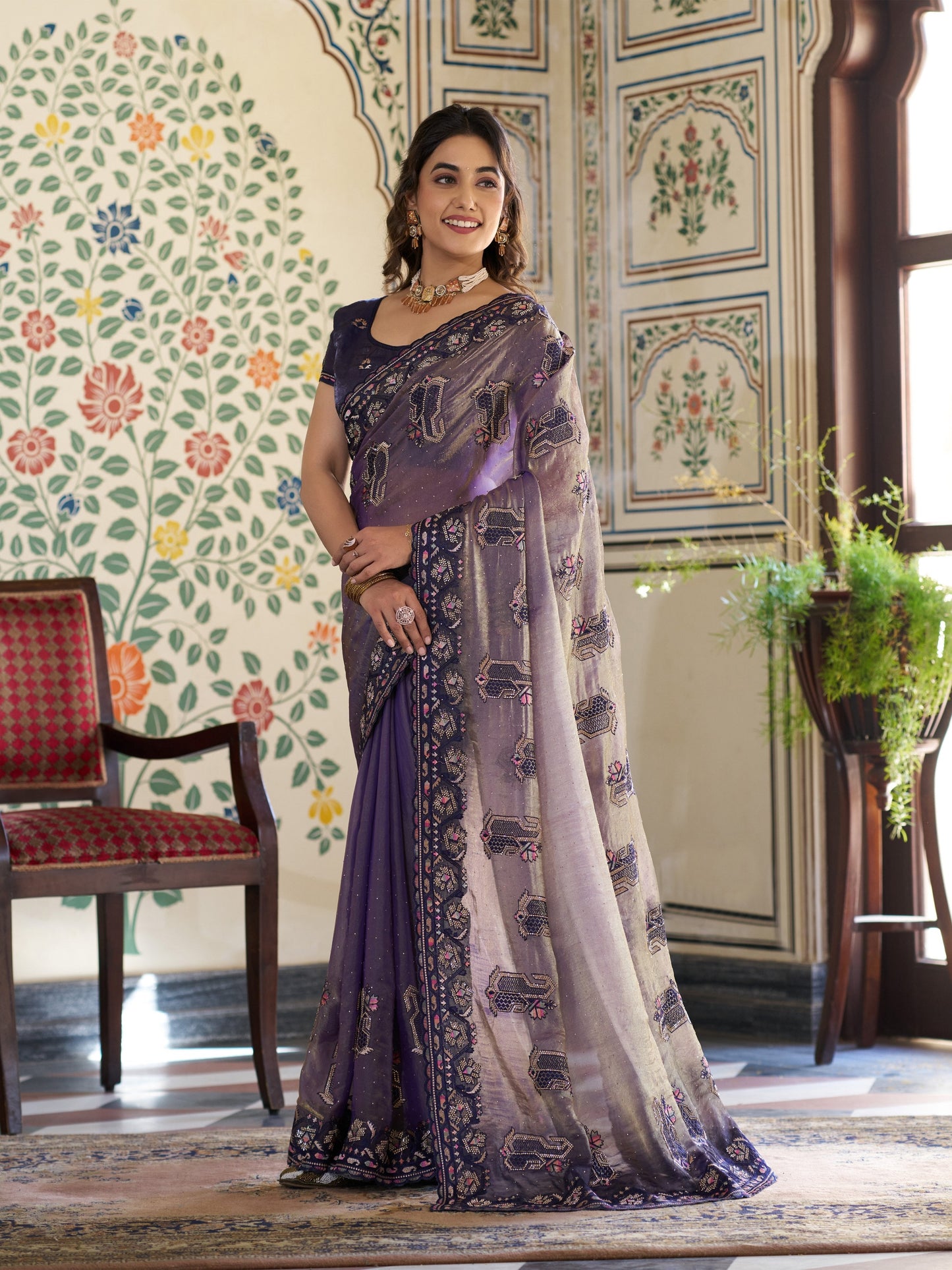 Lavender Purple Fendy Satin Embroidered Saree with Ethnic Elephant Motifs & Designer Zari Border | Festive Saree with Tassels & Heavy Embroidered Blouse