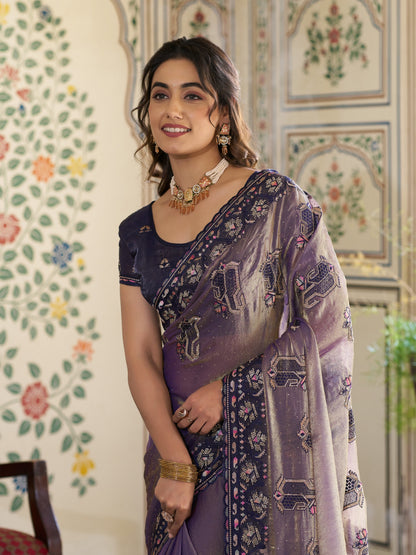 Lavender Purple Fendy Satin Embroidered Saree with Ethnic Elephant Motifs & Designer Zari Border | Festive Saree with Tassels & Heavy Embroidered Blouse