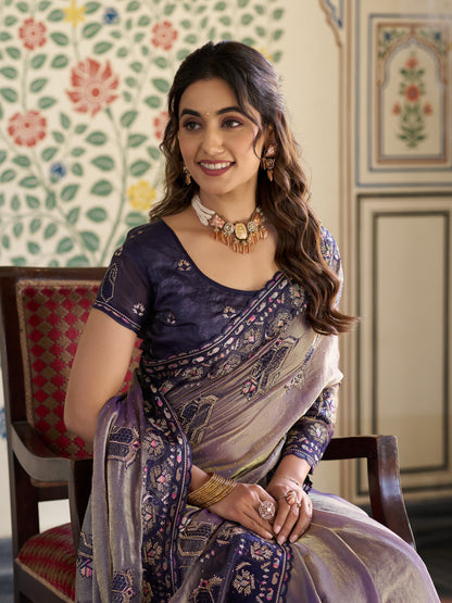 Lavender Purple Fendy Satin Embroidered Saree with Ethnic Elephant Motifs & Designer Zari Border | Festive Saree with Tassels & Heavy Embroidered Blouse