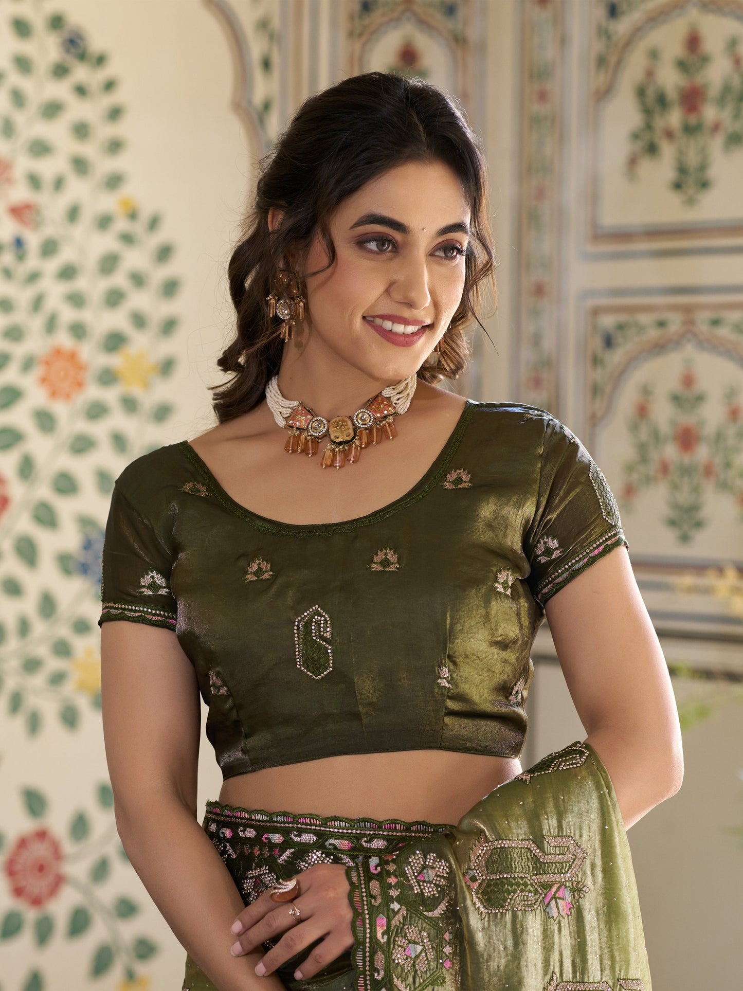 Olive Green Fendy Satin Embroidered Saree with Geometric & Floral Motifs | Designer Zari Border Saree with Tassels & Heavy Embroidered Blouse