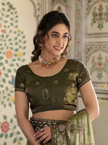 Olive Green Fendy Satin Embroidered Saree with Geometric & Floral Motifs | Designer Zari Border Saree with Tassels & Heavy Embroidered Blouse
