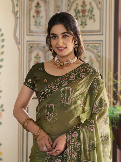 Olive Green Fendy Satin Embroidered Saree with Geometric & Floral Motifs | Designer Zari Border Saree with Tassels & Heavy Embroidered Blouse