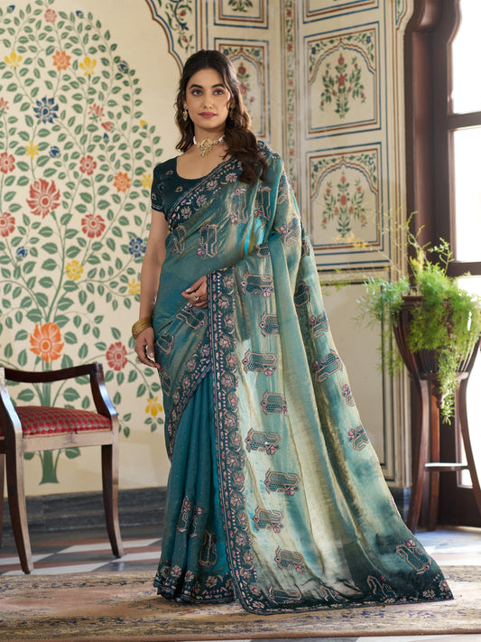 Teal Blue Fendy Satin Embroidered Saree with Ethnic Elephant Motifs & Zari Border | Designer Saree with Tassels & Heavy Embroidered Blouse
