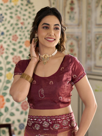 Wine Pink Fendy Satin Embroidered Saree with Ethnic Motifs & Zari Border | Designer Saree with Tassels & Heavy Embroidered Blouse