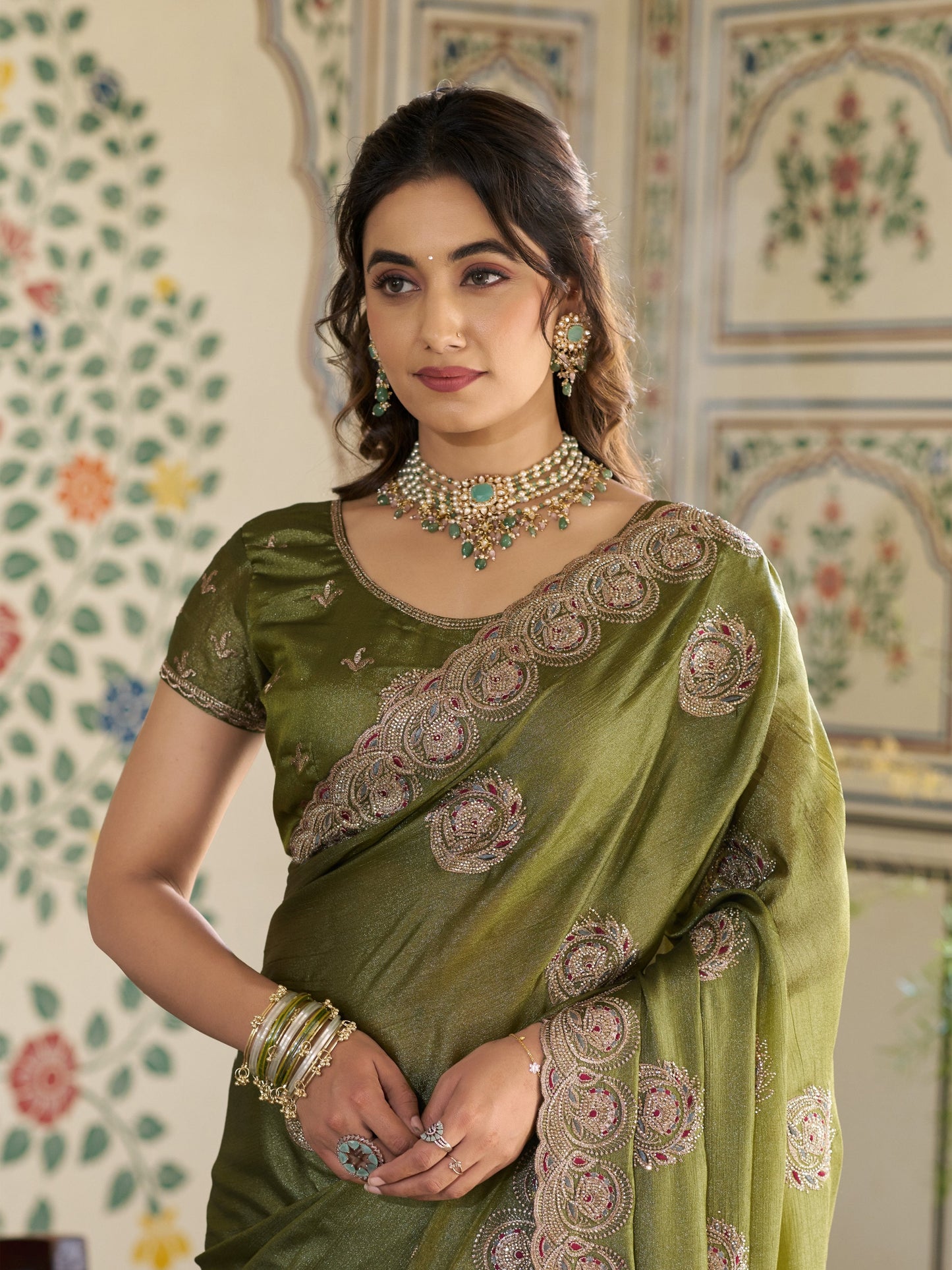 Olive Green Fendy Satin Embroidered Saree with Circular Motifs & Heavy Zari Border | Designer Saree with Tassels & Embroidered Blouse