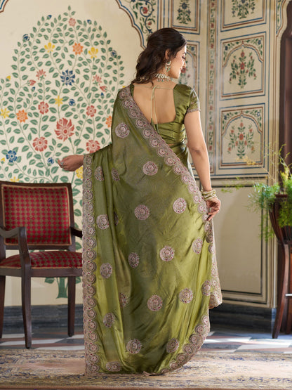Olive Green Fendy Satin Embroidered Saree with Circular Motifs & Heavy Zari Border | Designer Saree with Tassels & Embroidered Blouse