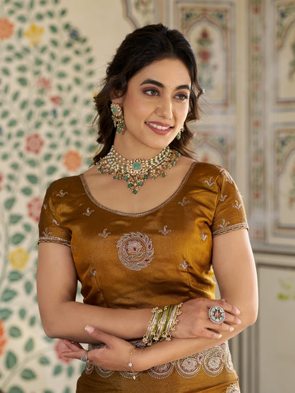 Antique Mustard Gold Fendy Satin Designer Saree with Zari Circular Motifs & Heavy Embroidered Border | Festive Wedding Wear Saree with Blouse