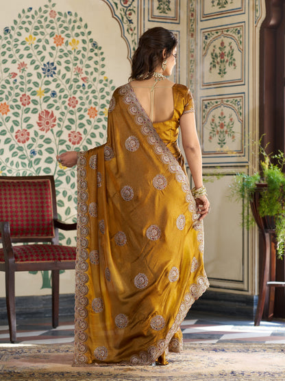 Antique Mustard Gold Fendy Satin Designer Saree with Zari Circular Motifs & Heavy Embroidered Border | Festive Wedding Wear Saree with Blouse