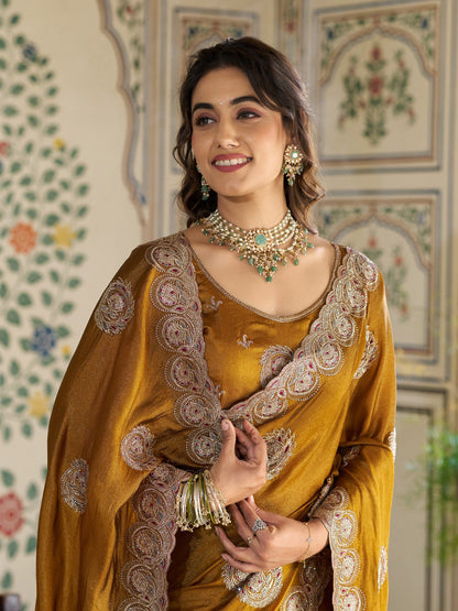 Antique Mustard Gold Fendy Satin Designer Saree with Zari Circular Motifs & Heavy Embroidered Border | Festive Wedding Wear Saree with Blouse
