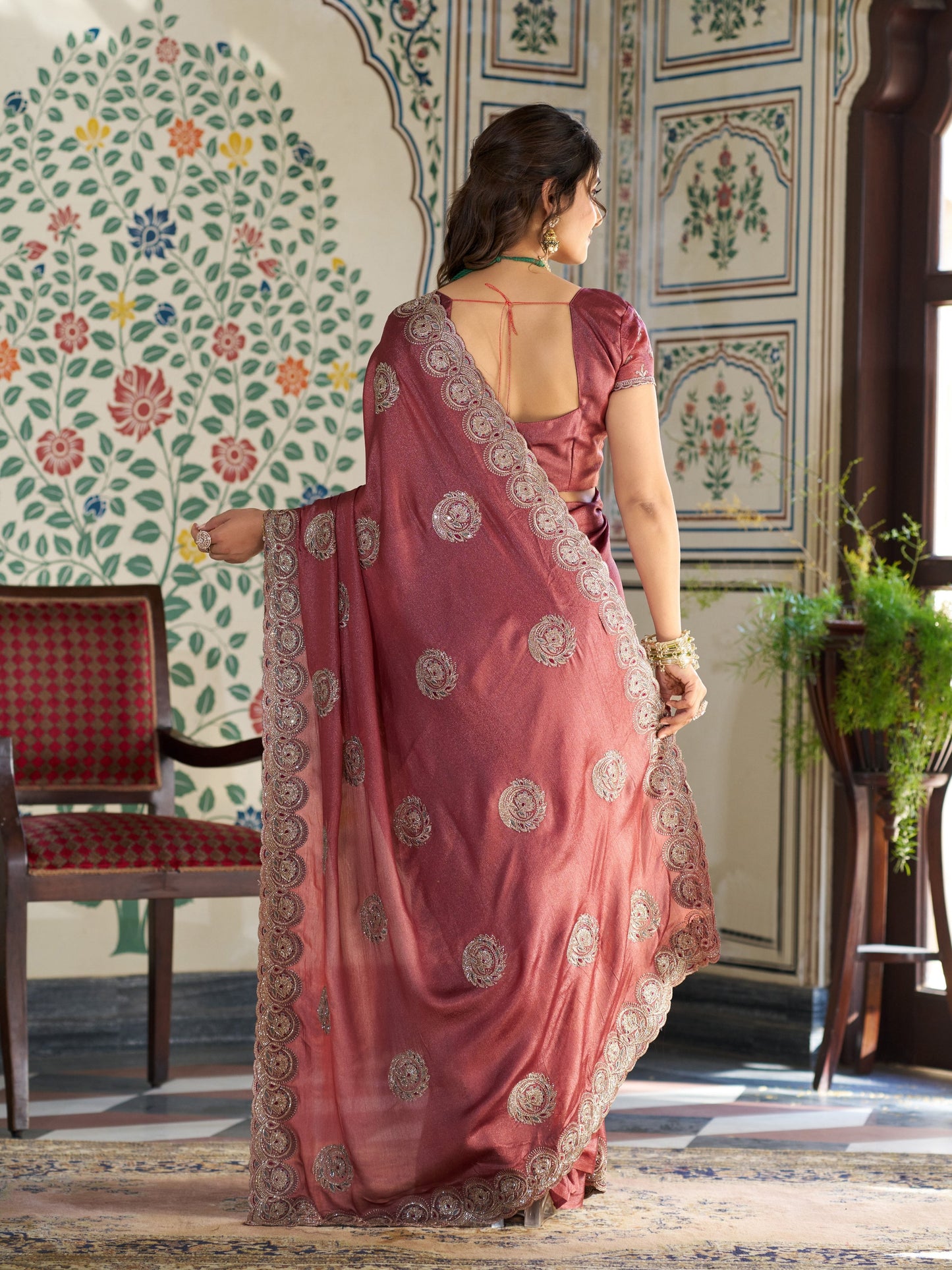 Rust Red Fendy Satin Embroidered Saree with Circular Motifs & Heavy Zari Border | Designer Saree with Tassels & Embroidered Blouse