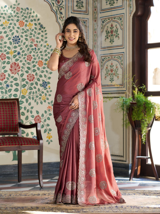Rust Red Fendy Satin Embroidered Saree with Circular Motifs & Heavy Zari Border | Designer Saree with Tassels & Embroidered Blouse