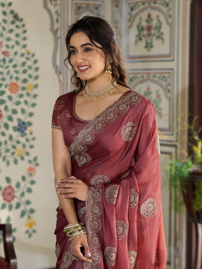 Rust Red Fendy Satin Embroidered Saree with Circular Motifs & Heavy Zari Border | Designer Saree with Tassels & Embroidered Blouse