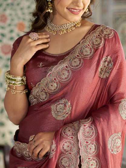 Rust Red Fendy Satin Embroidered Saree with Circular Motifs & Heavy Zari Border | Designer Saree with Tassels & Embroidered Blouse