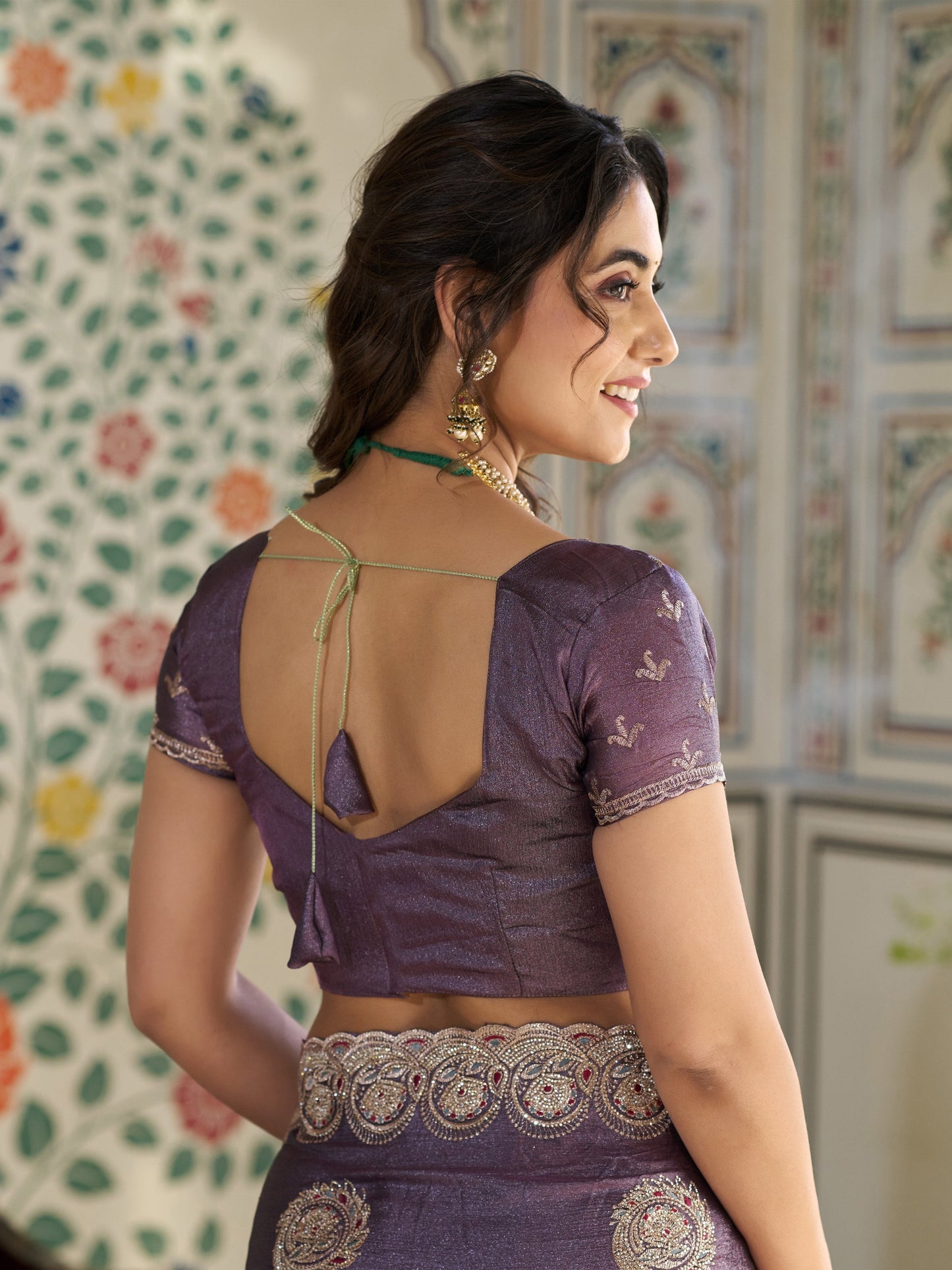 Dusty Mauve Fendy Satin Designer Saree with Zari Circular Motifs & Rich Embroidered Border | Elegant Party Wear Saree with Blouse