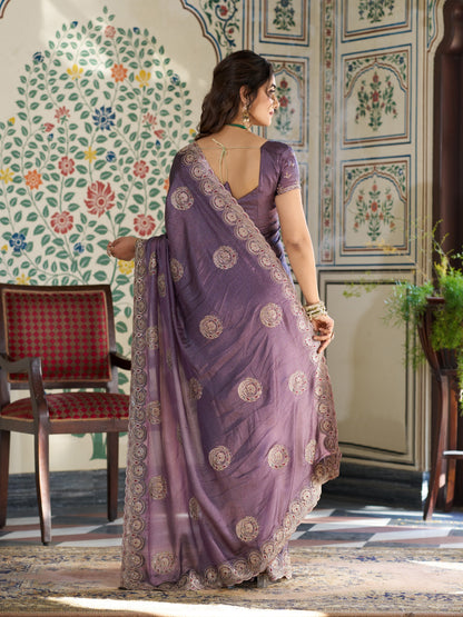 Dusty Mauve Fendy Satin Designer Saree with Zari Circular Motifs & Rich Embroidered Border | Elegant Party Wear Saree with Blouse