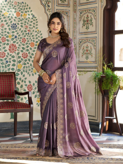 Dusty Mauve Fendy Satin Designer Saree with Zari Circular Motifs & Rich Embroidered Border | Elegant Party Wear Saree with Blouse