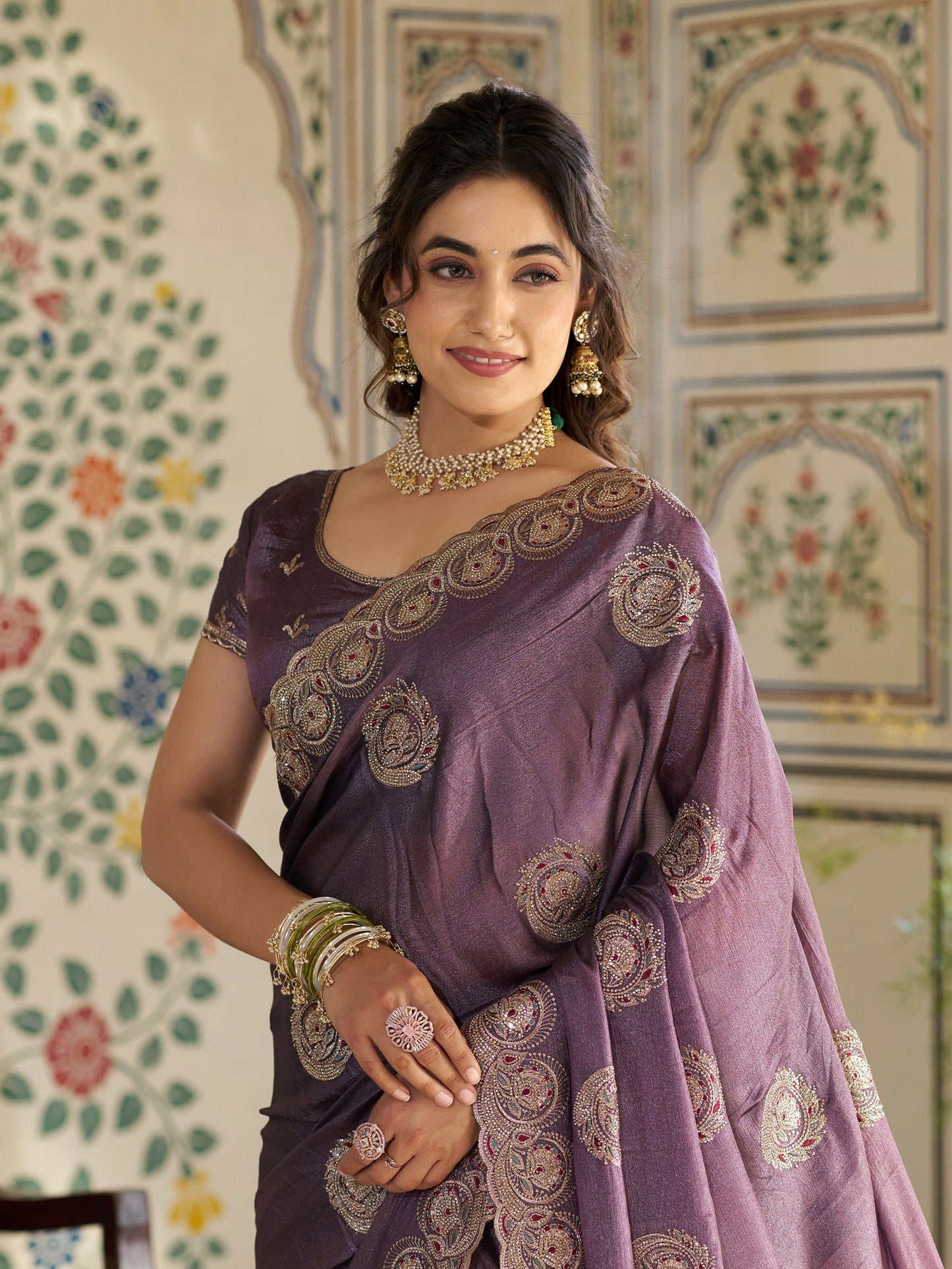 Dusty Mauve Fendy Satin Designer Saree with Zari Circular Motifs & Rich Embroidered Border | Elegant Party Wear Saree with Blouse