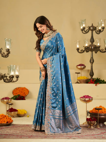 Steel Blue Banarasi Silk Saree with Heavy Embroidered Border & Rich Zari Woven Pallu | Designer Festive Wedding Saree
