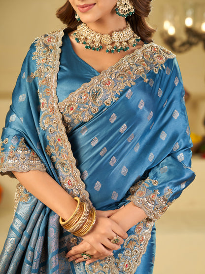 Steel Blue Banarasi Silk Saree with Heavy Embroidered Border & Rich Zari Woven Pallu | Designer Festive Wedding Saree