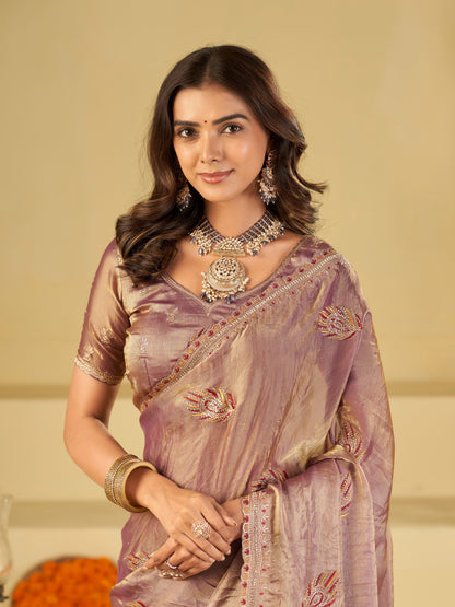 Lavender Designer Fendy Satin Saree with Embroidered Leaf Motifs & Elegant Lace Border | Premium Festive Party Wear Saree with Matching Blouse