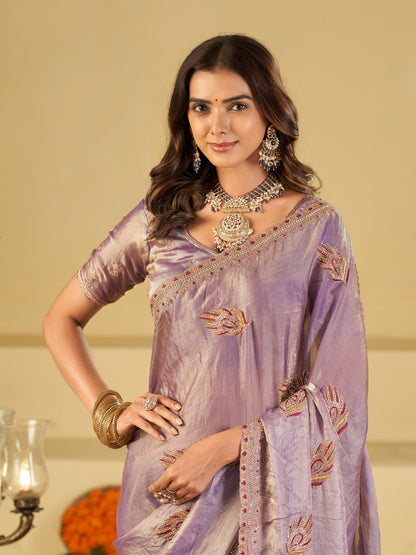 Lavender Purple Designer Fendy Satin Saree with Embroidered Leaf Motifs & Elegant Lace Border | Premium Festive Party Wear Saree with Matching Blouse