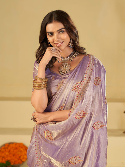 Lavender Purple Designer Fendy Satin Saree with Embroidered Leaf Motifs & Elegant Lace Border | Premium Festive Party Wear Saree with Matching Blouse