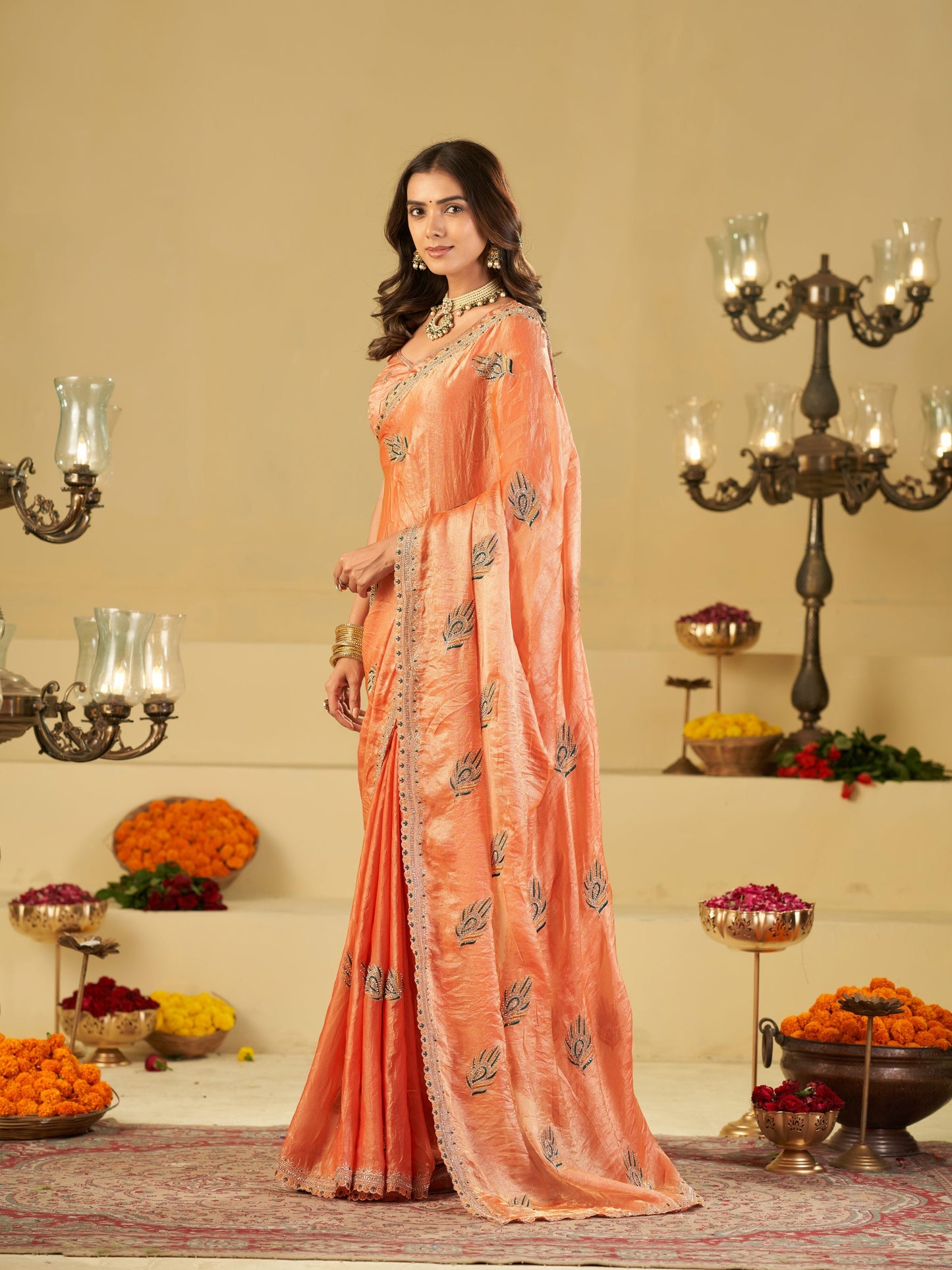 Peach Designer Fendy Satin Saree with Embroidered Leaf Motifs & Elegant Lace Border | Premium Festive Party Wear Saree with Matching Blouse