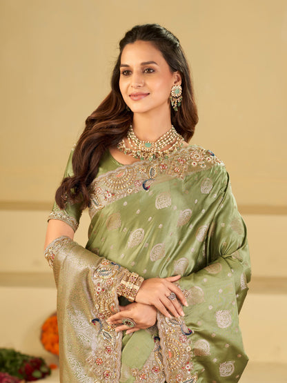 Sage Green Banarasi Silk Saree with Heavy Embroidered Scallop Border & Rich Zari Woven Pallu | Designer Wedding Festive Saree
