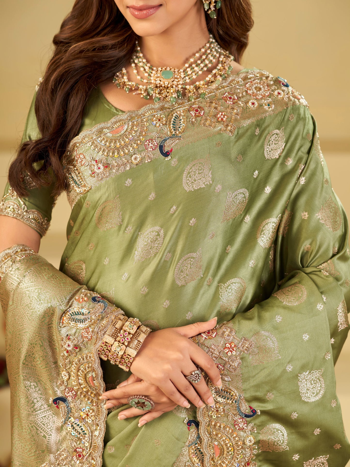 Sage Green Banarasi Silk Saree with Heavy Embroidered Scallop Border & Rich Zari Woven Pallu | Designer Wedding Festive Saree