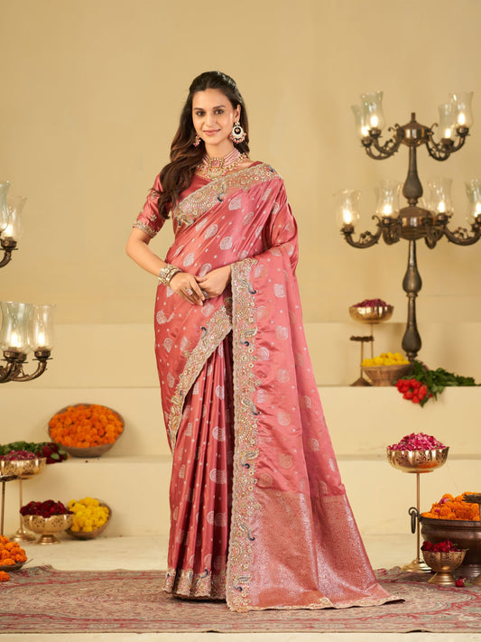 Rose Pink Banarasi Silk Saree with Heavy Embroidered Scallop Border & Rich Zari Woven Pallu | Designer Wedding Festive Saree