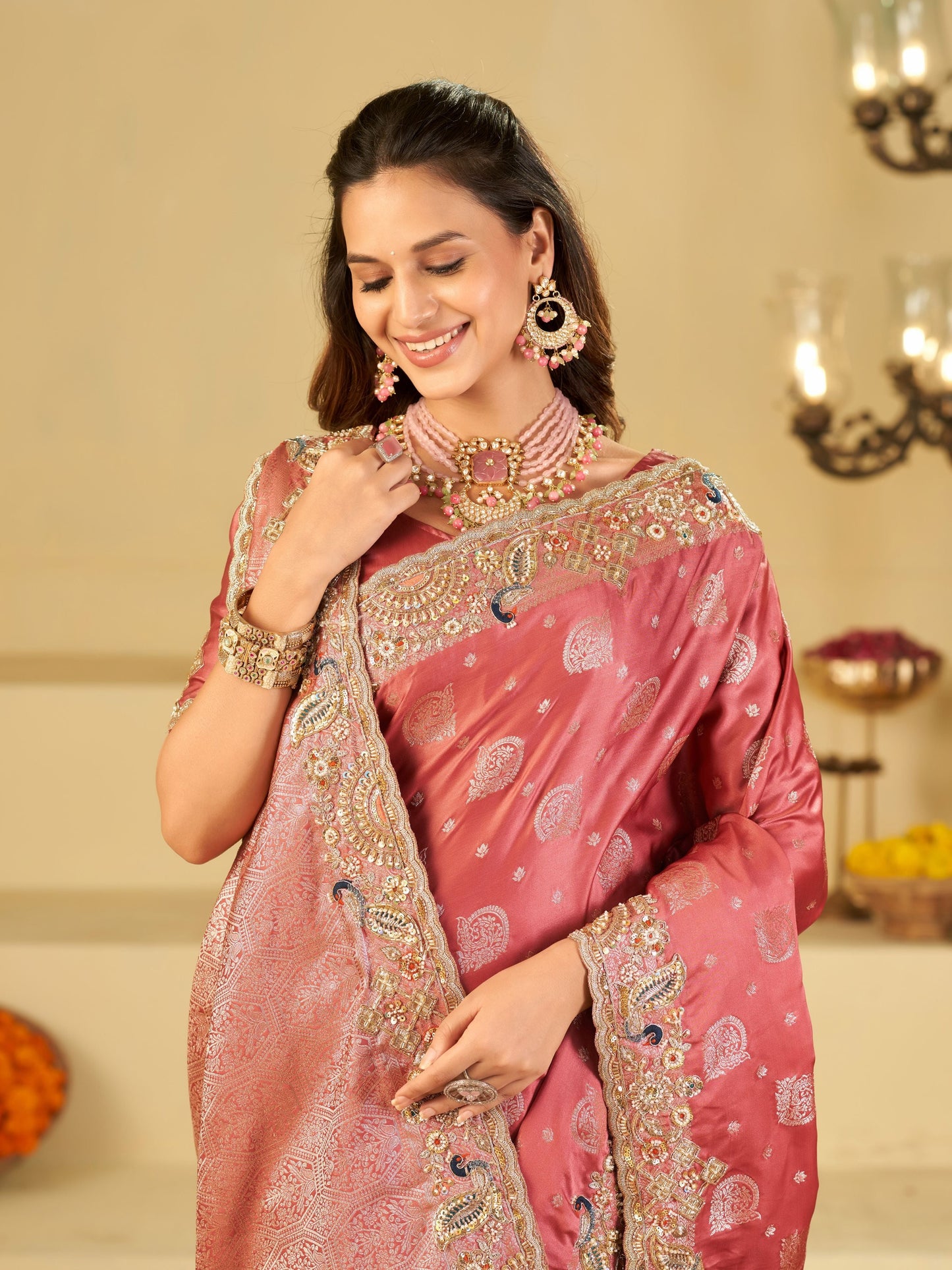 Rose Pink Banarasi Silk Saree with Heavy Embroidered Scallop Border & Rich Zari Woven Pallu | Designer Wedding Festive Saree