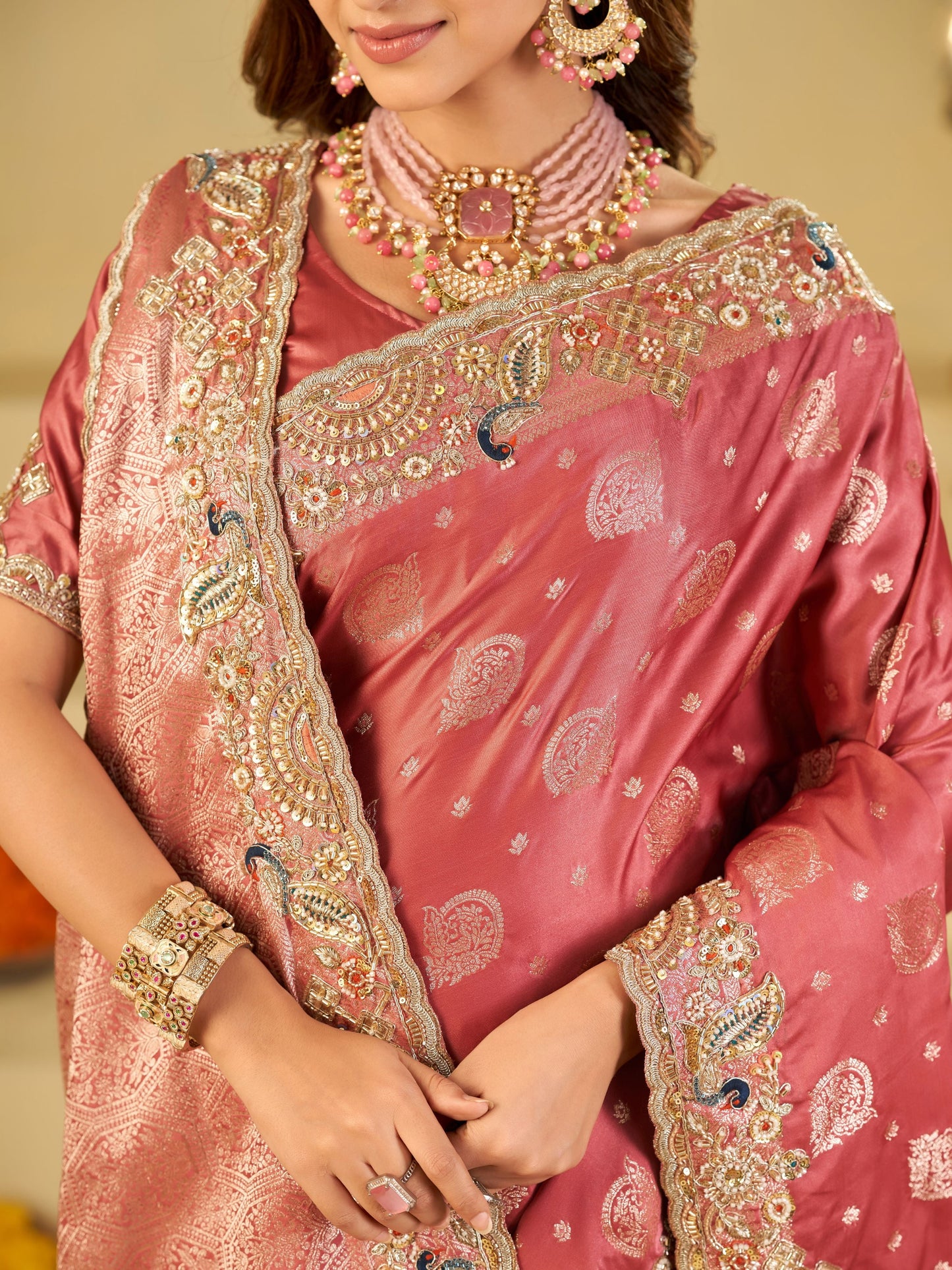 Rose Pink Banarasi Silk Saree with Heavy Embroidered Scallop Border & Rich Zari Woven Pallu | Designer Wedding Festive Saree