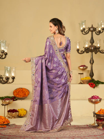Lavender Purple Banarasi Silk Saree with Heavy Embroidered Scallop Border & Rich Zari Woven Pallu | Designer Wedding Festive Saree