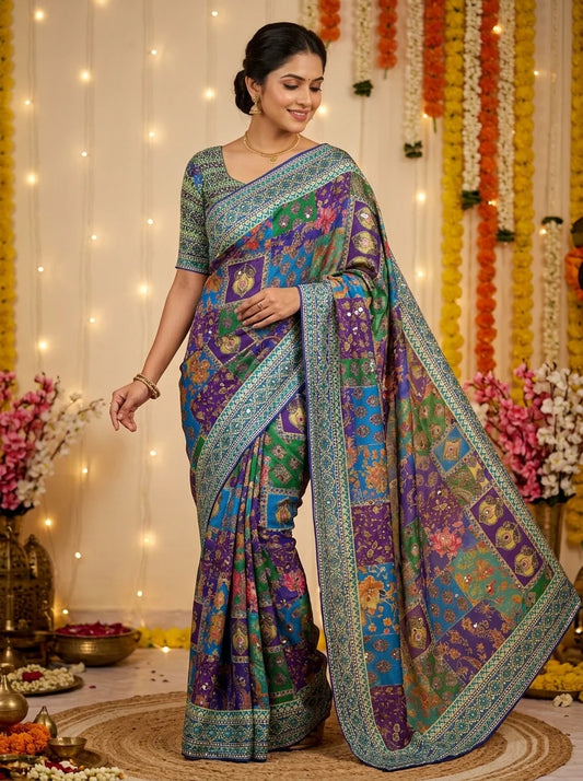 Multi-Color Printed Silk Saree with Blouse | Festive & Wedding Wear (blue)