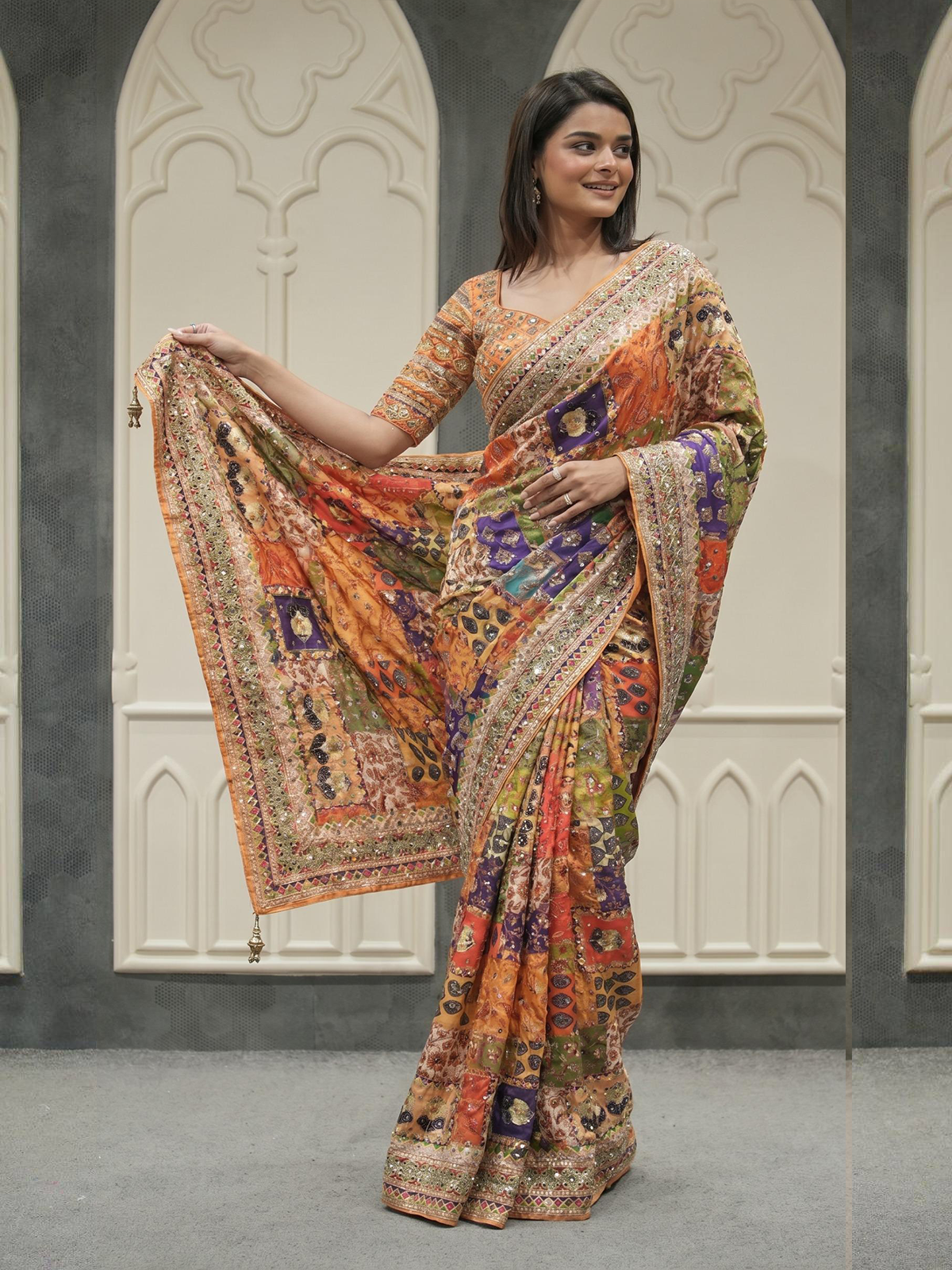 Patchwork Printed Saree with Heavy Border Saree (orange 1)