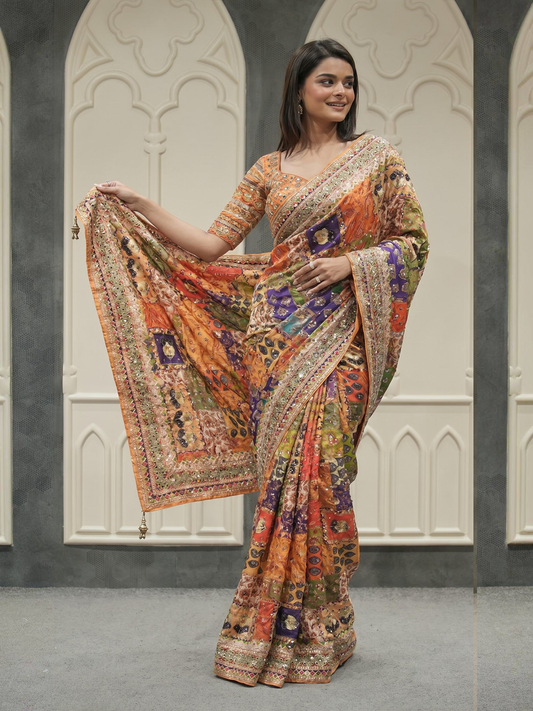 Patchwork Printed Saree with Heavy Border Saree (orange 1)