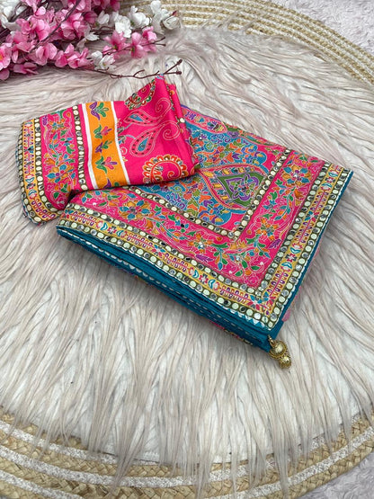 Dusk Chinnon Silk Saree Designer Printed with Blouse | Festive & Wedding Wear