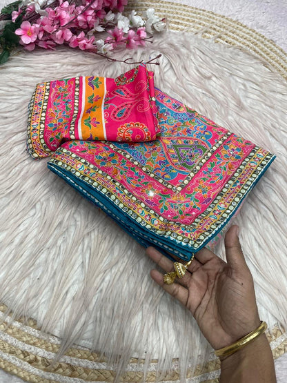 Dusk Chinnon Silk Saree Designer Printed with Blouse | Festive & Wedding Wear