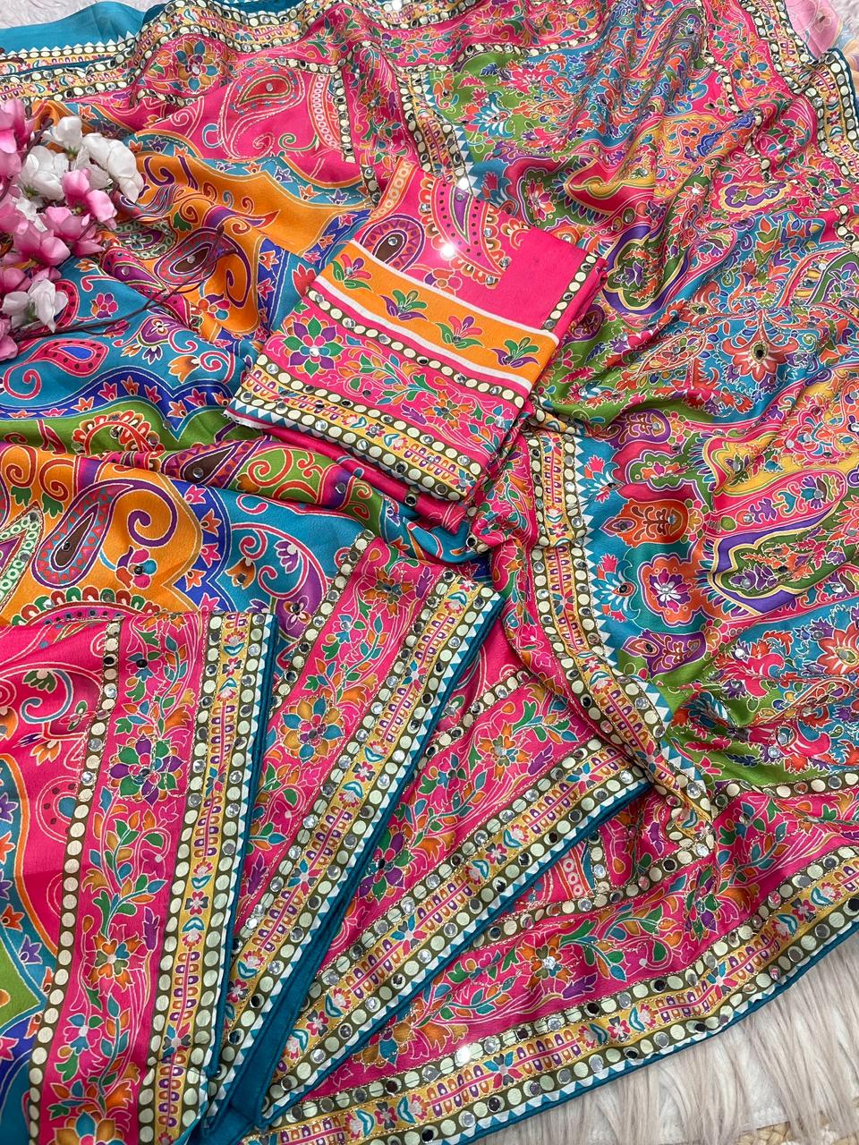 Dusk Chinnon Silk Saree Designer Printed with Blouse | Festive & Wedding Wear