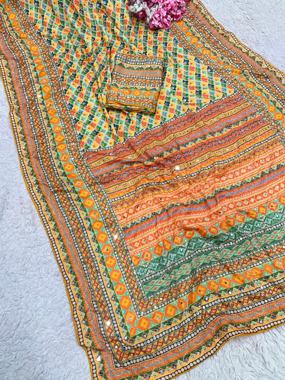Dusk Radiance Chinnon Silk Saree Printed with Blouse Mirror Work