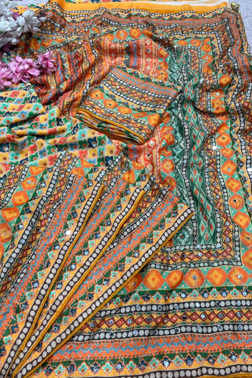 Dusk Radiance Chinnon Silk Saree Printed with Blouse Mirror Work
