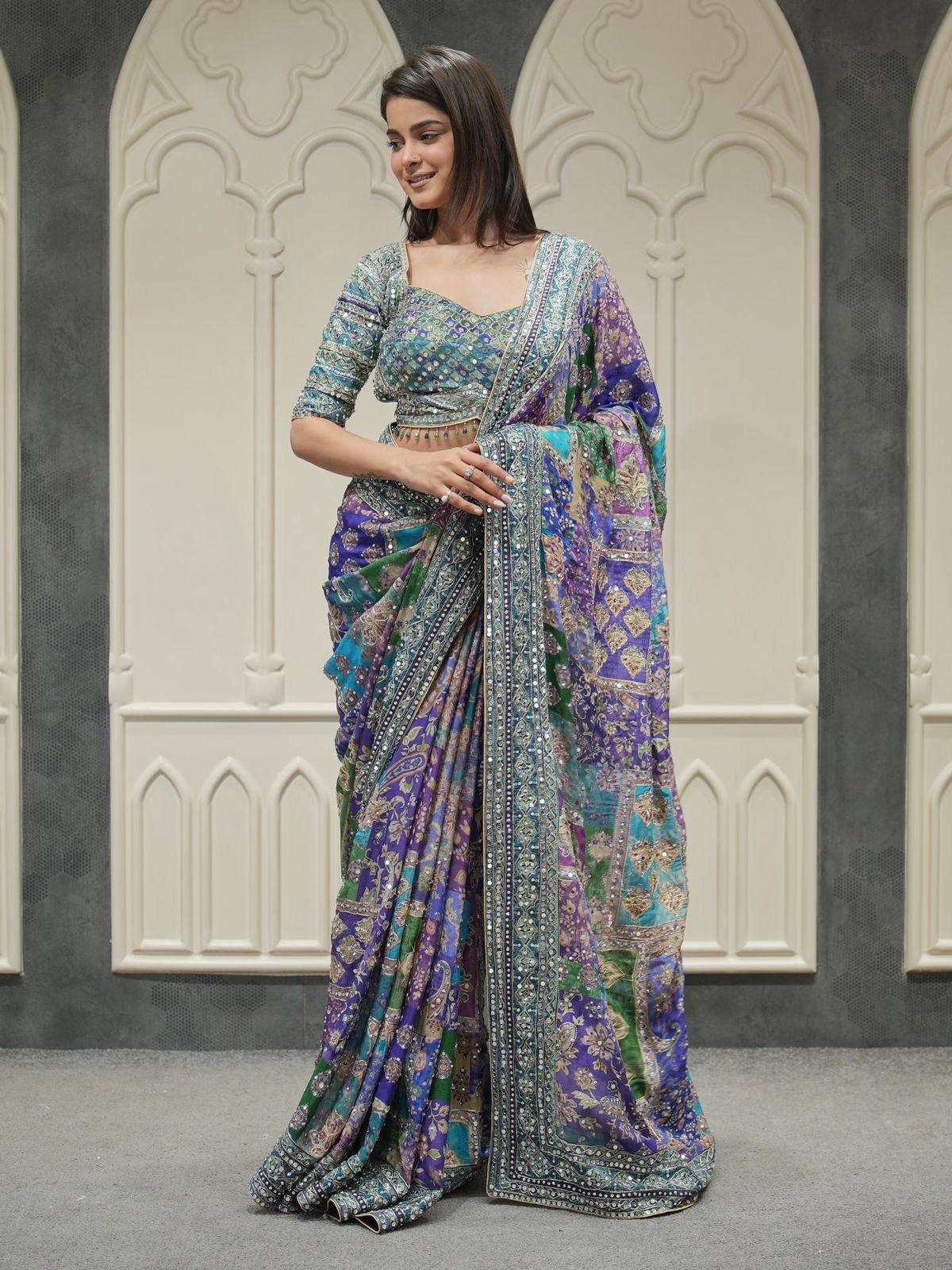 Multi-Color Printed Silk Saree with Blouse | Festive & Wedding Wear (blue)