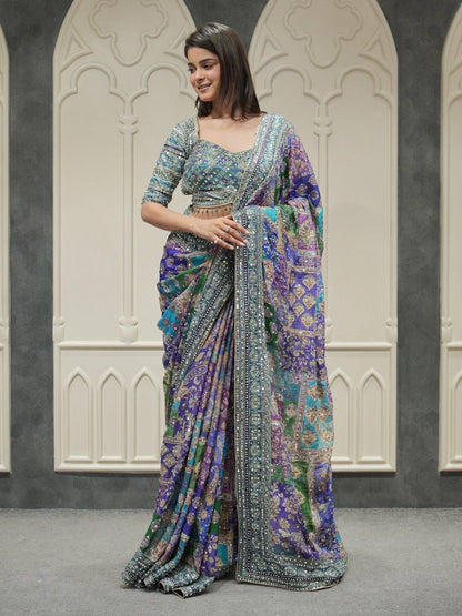 Multi-Color Printed Silk Saree with Blouse | Festive & Wedding Wear (blue)
